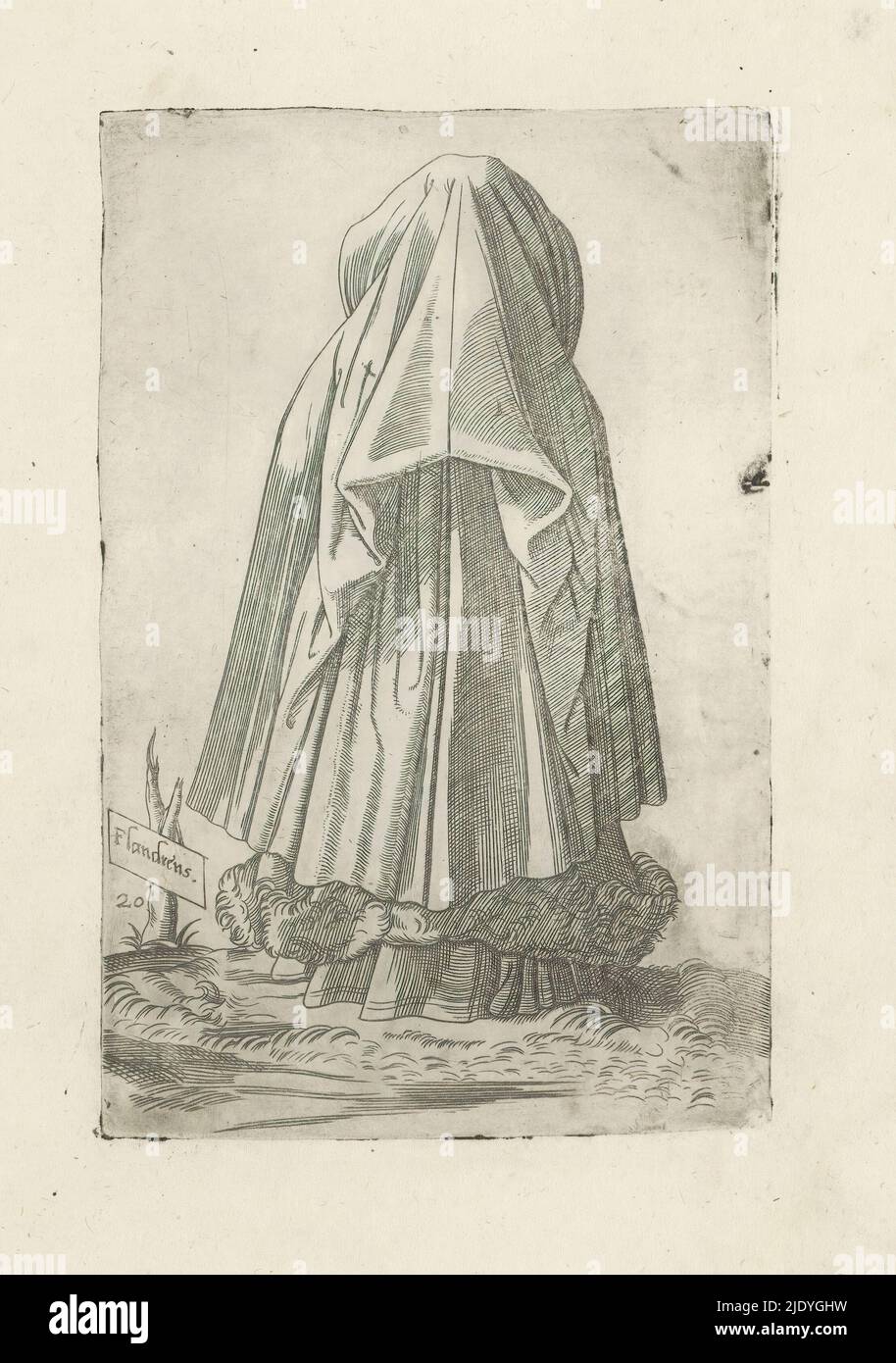 Woman from Flanders, wide cloak over head., Flandrens (title on object), Omnium fere gentium nostrae aetatis habitus, nunquam ante hac aediti (series title), Woman from Flanders seen from back, dressed in long robe with fur trim, over which cloak falls down over head. Part of the costume book entitled 'Omnium fere gentium nostrae aetatis habitus, nunquam ante hac aediti', Venice 1569. Reissue from 1569 of the first edition from 1563., print maker: Ferando Bertelli, after print by: Enea Vico, publisher: Ferando Bertelli, Venice, 1569,  Deze prent in tweevoud ingebo, :, engraving, height 265 mm Stock Photo