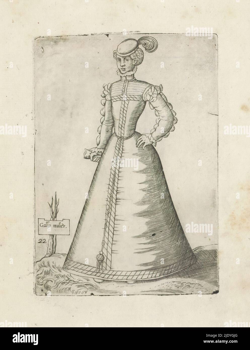A married woman from France, Galla mulier (title on object), Omnium fere gentium nostrae aetatis habitus, nunquam ante hac aediti (series title), A married woman from France, seen from the front, turned slightly to the left. Glove in left hand. Hat with feather on head. dressed according to the fashion of ca. 1550. Part of the costume book entitled 'Omnium fere gentium nostrae aetatis habitus, nunquam ante hac aediti', Venice 1569. Reissue from 1569 of the first edition from 1563., print maker: Ferando Bertelli, after print by: Enea Vico, publisher: Ferando Bertelli, Venice, 1569, paper, engra Stock Photo