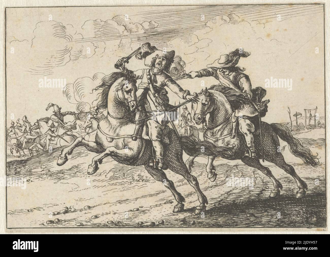 Horsemen's Fight, Batailles et Rencontres (series title on object), Fight between horsemen with pistols. Part of a series of six prints on the army of the governor Leopold William, Archduke of Austria., print maker: Theodorus van Kessel, after own design by: Theodorus van Kessel, Antwerp, 1654, paper, etching, height 94 mm × width 135 mm Stock Photo