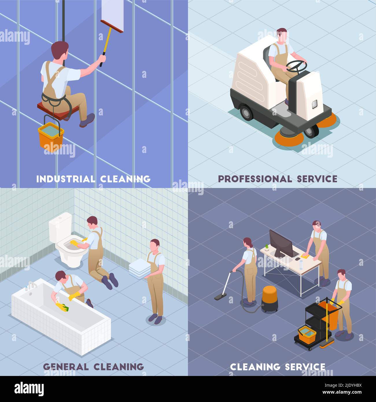 Cleaning isometric icon set with industrial cleaning professional