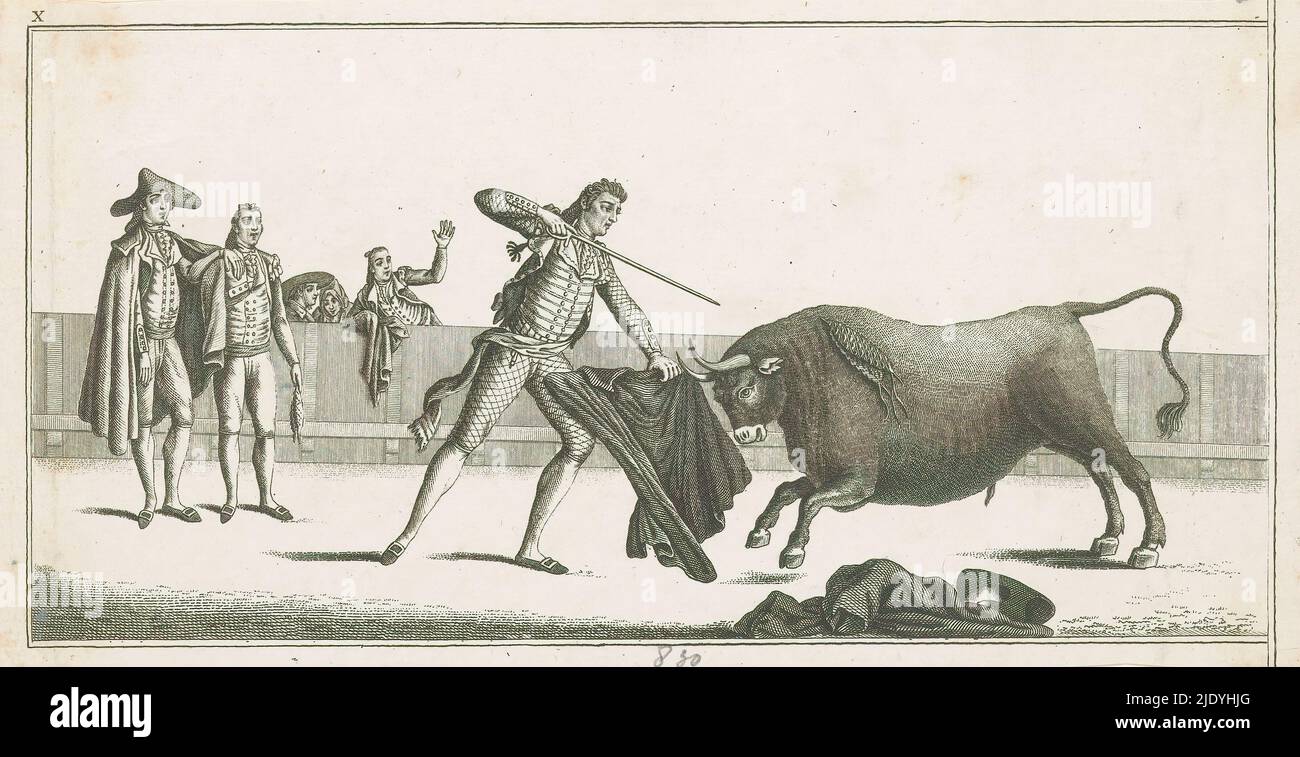 Matador challenges a bull, Coleccion de las principales suertes de una corrida de toros (series title on object), Collection of the main maneuvers in bullfighting (series title), A matador stands before a bull, in his hands a cloth and a sword. Two other bullfighters (toreros) look on. Numbered upper left: X., print maker: anonymous, after print by: Antonio Carnicero, Spain, in or after 1790, paper, etching, height 150 mm × width 290 mm Stock Photo