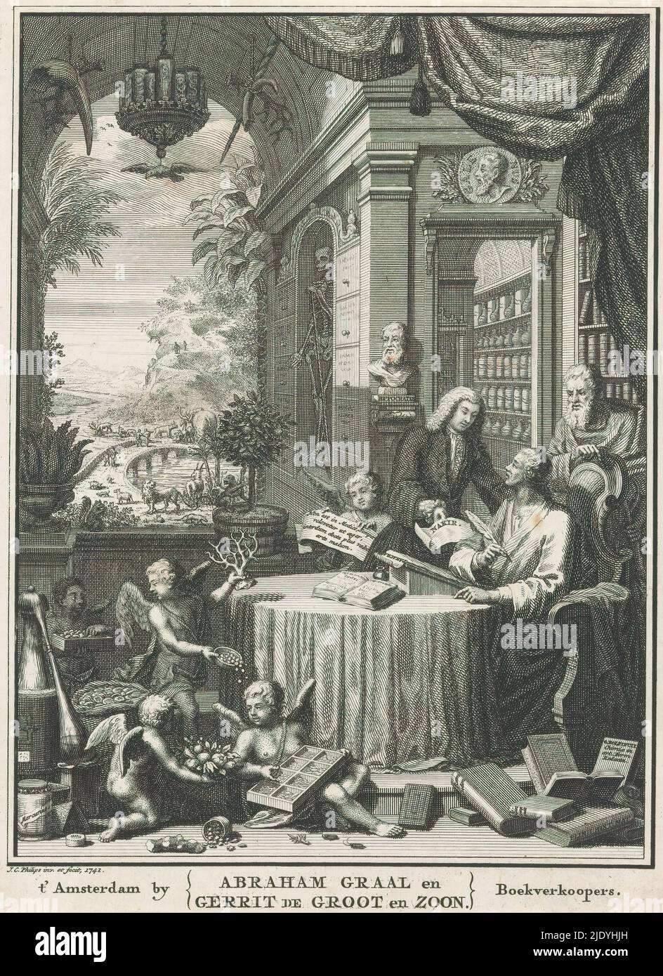 Allegorical representation with doctor, apothecary and Asclepius in pharmacy, Title page for: Johan Jacob Woyt, Gazophylacium medico-physicum, or treasury of medicine and natural science, 1766 (title on object), A scholar or doctor sits writing behind a table. An apothecary to his right hands him a paper. Behind him stands Asclepius with an esculope. In front of the table, putti sit and stand near a distillation apparatus with plants used for healing. In the background a pharmacy with jars, bottles, books, a skeleton, a bust of Hippocrates and a portrait medallion of Galenus. In the background Stock Photo