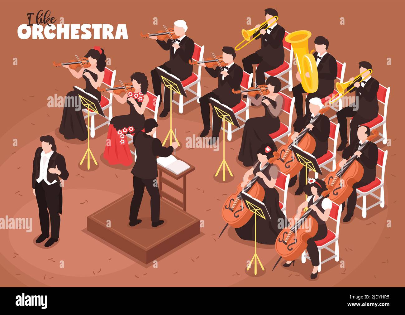 Classical music orchestra isometric composition with singer conductor
