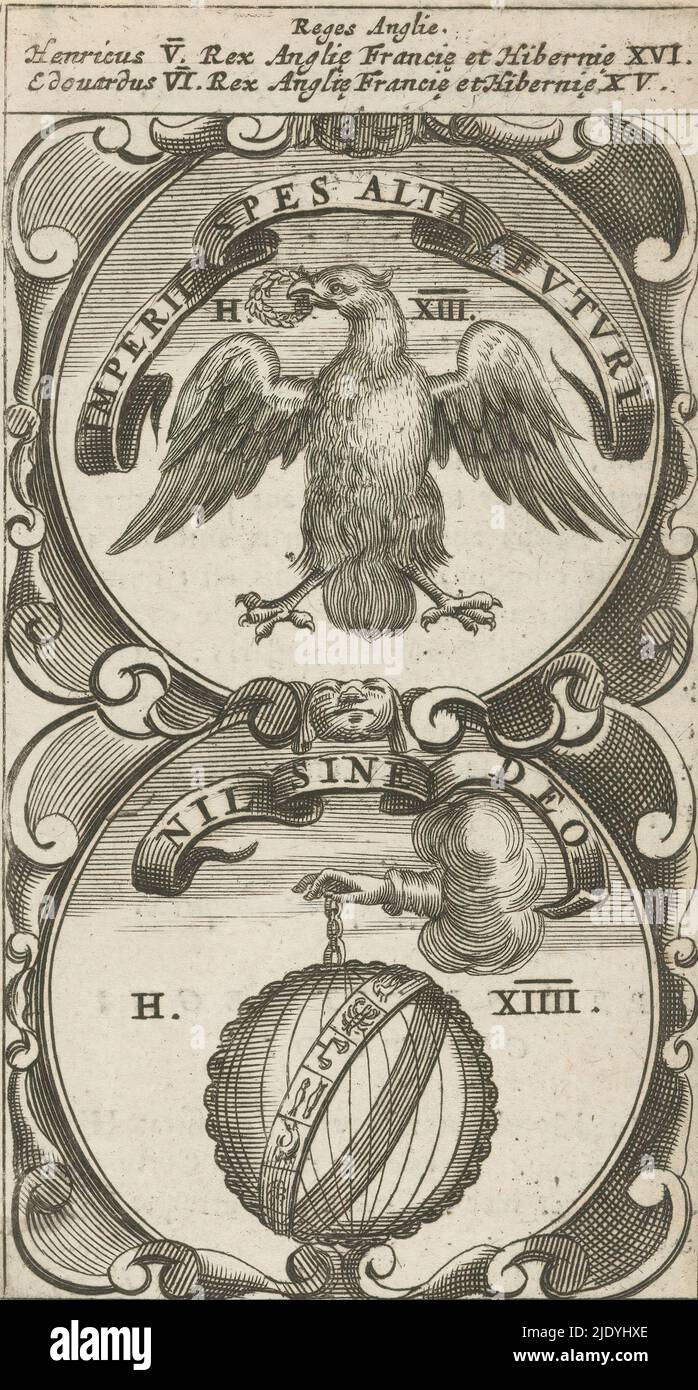 Eagle with laurel wreath / Hand in the clouds with armillary, Imperii Spes Alta Futuri / Nil Sine Deo (title on object), Symbola Divina et Humana Pontificum Imperatorum Regum (series title), An emblem with two representations. Above an eagle with wings spread and a laurel wreath in its beak. Below a hand in the clouds. Hanging from a chain is an armillary with a zodiac. These are currencies of Henry V and Edward VI of England., print maker: anonymous, after print by: Aegidius Sadeler (II), 1666, paper, engraving, letterpress printing, height 117 mm × width 64 mm Stock Photo