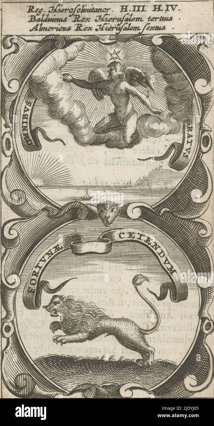 Angel in the clouds / Attacking lion, Omnibus Gratus / Fortunae Cetendum (title on object), Symbola Divina et Humana Pontificum Imperatorum Regum (series title), An emblem with two representations. Above a landscape with rising sun and a ship at sea. In the clouds above an angel with a star above his head. Below an attacking lion. These are currencies of Baudouin III and Amalrik I of Jerusalem., print maker: anonymous, after print by: Aegidius Sadeler (II), 1666, paper, engraving, letterpress printing, height 116 mm × width 63 mm Stock Photo