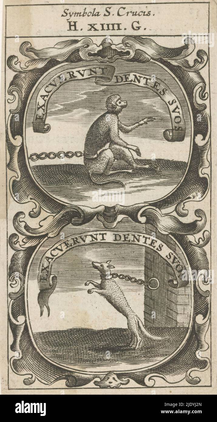 Chained monkey / Chained fox, Exacuerunt Dentes Suos / Exacuerunt Dentes Suos (title on object), Symbola Divina et Humana Pontificum Imperatorum Regum (series title), An emblem with two representations. Above a chained monkey. Below a fox chained to a wall., print maker: anonymous, after print by: Aegidius Sadeler (II), 1666, paper, engraving, letterpress printing, height 121 mm × width 66 mm Stock Photo