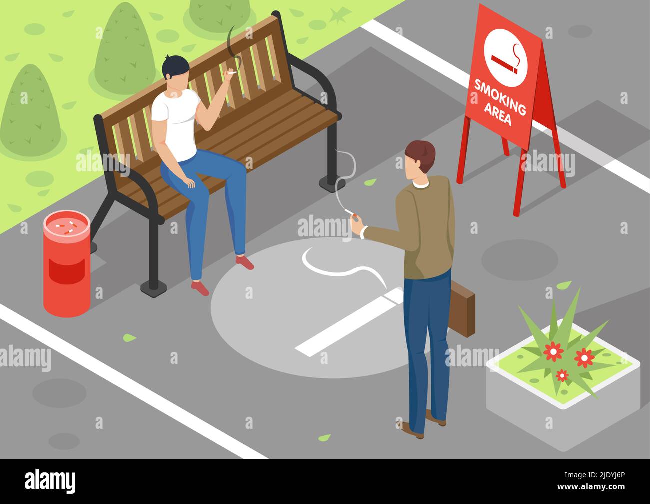Two people smoking in special area outdoors 3d isometric vector ...