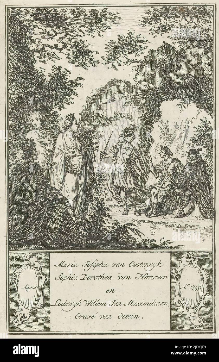 Conversation between Maria Josepha of Austria, Sophia Dorothea of Hanover and Louis Willem Johan Maximilian Count of Ostein, Maria Josepha van Oostenryk Sophia Dorothea of Hanover and Lodewyk Willem Jan Maximilian, Count of Ostein (title on object), In a landscape, the queens Maria Josepha of Austria and Sophia Dorothea of Hanover and the Count of Ostein Louis Willem Johan Maximilian are standing by a river. Across it are a man and an emperor and a figure in armor. At the bottom on two cartouches stated: August / Ao 1759., print maker: anonymous, publisher: Jacobus Haffman, publisher: Pieter M Stock Photo