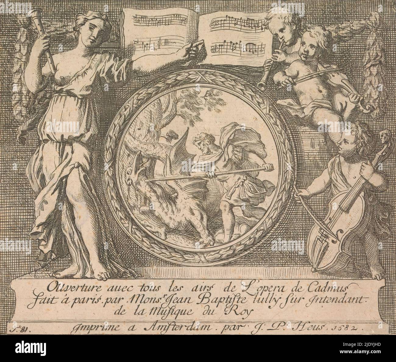 Cadmus slays the dragon, Cadmus slays the dragon that devoured his companions. The mythological representation is framed in a medallion-shaped frame. On the left, a woman with a flute points to sheet music above the frame. To the right, three putti play various instruments. At the bottom of the print is a three-line caption in French., print maker: Gerard de Lairesse, publisher: Jean Philip Heus, (mentioned on object), Amsterdam, 1682, paper, etching, height 154 mm × width 183 mm Stock Photo