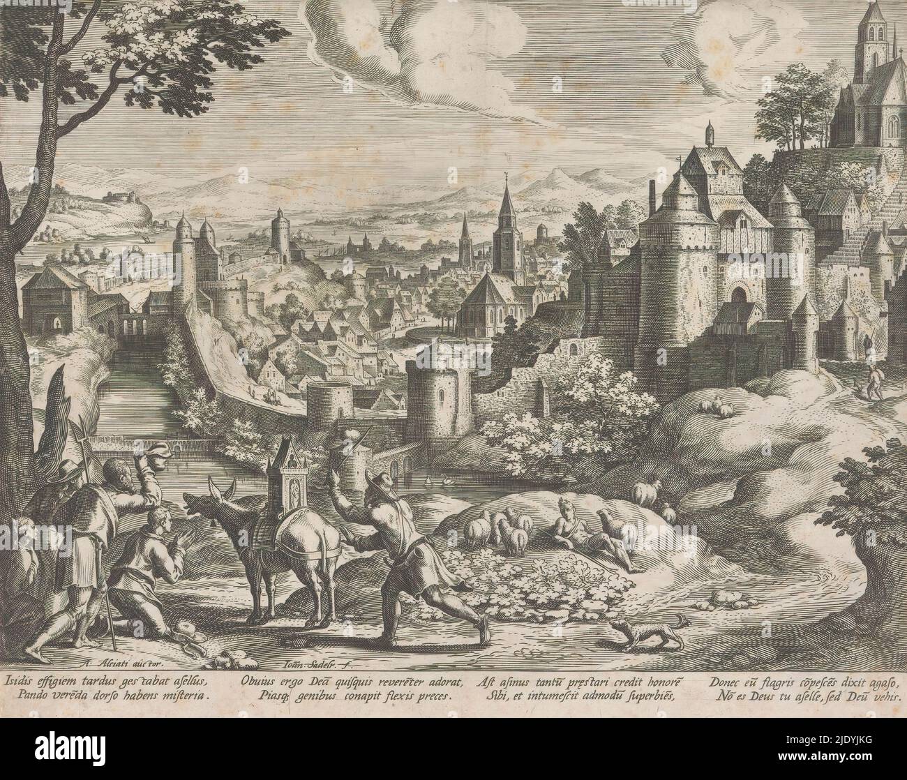 Landscape with the emblem about the worship of the idol of Isis, Emblems in a landscape (series title), Hilly landscape with a city and the city walls. In the foreground left, some peasants worship an image of the female goddess Isis being transported on a donkey. Next to the donkey is a man who is punishing the animal with a whip. This is because the donkey thinks that the people are worshipping him, instead of Isis. This is the depiction of an emblem where the moral of the story warns against arrogance and undeserved honor. The print has a Latin caption with the caption of the emblem Non tib Stock Photo