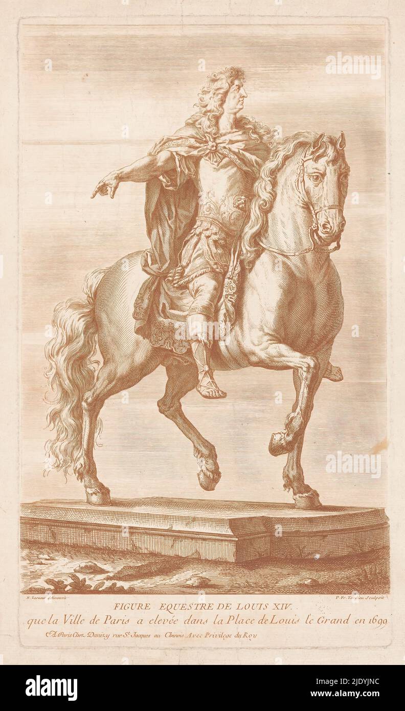 Equestrian portrait of Louis XIV, Figure Equestre de Louis XIV (title on object), To statue of Louis XIV, looking to the right., print maker: Pierre François Tardieu, (mentioned on object), after drawing by: Nicolas Lesueur, (mentioned on object), publisher: Danizy, (mentioned on object), Paris, 1721 - 1771, paper, engraving, etching, height 417 mm × width 248 mm Stock Photo