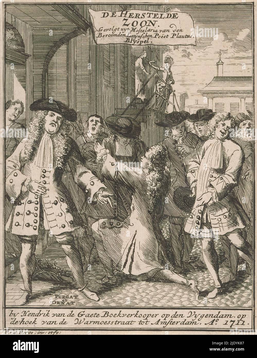 Young man kneels and embraces man with hat, Title page for: Hendrik van Halmael, The Deuced Son, 1711, Amid a group of men, a young man kneels and embraces the man with hat in front of him. On the left, a man with hat and angry gaze points to the scene. In the background, two women stand on a platform. Below left, the author's aphorism: Purgat and ornat., print maker: Pieter van den Berge, (mentioned on object), after own design by: Pieter van den Berge, (mentioned on object), publisher: Hendrik van de Gaete, (mentioned on object), Amsterdam, 1711, paper, etching, height 158 mm × width 123 mm Stock Photo