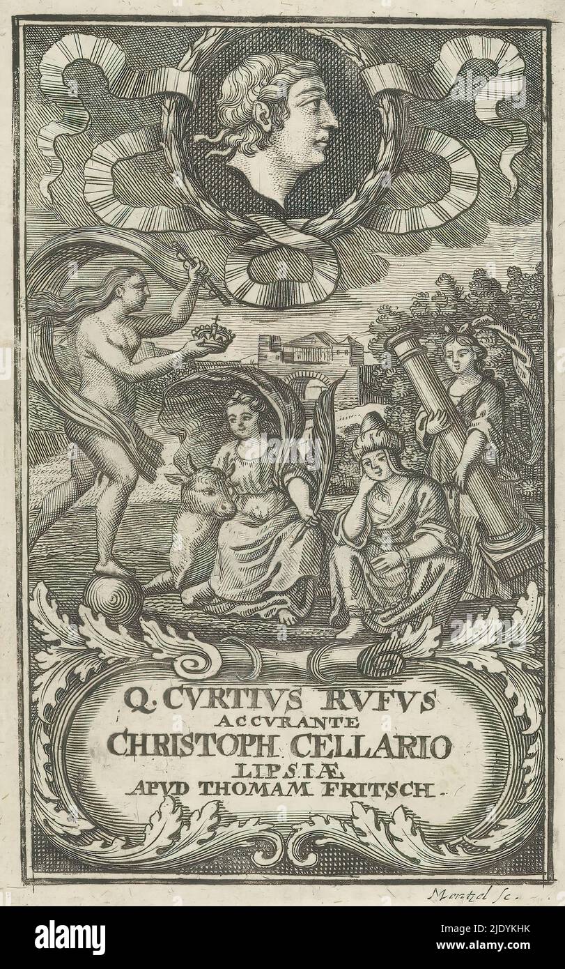 Allegorical scene with figures on shore and portrait Alexander the Great, Q. Curtius Rufus accurante Christoph Cellario (title on object), Title page for: Quintus Curtius Rufus, Christoph Cellarius and Christian Schöttgen, Q. Curtii Rufi de rebus Alexandri Magni historia superstes, 1721, On a bank sit a woman with a bovine and a chained figure with turban and stand a woman with a column. In front of them is a nude figure on a globe with windsail and crown. At the top a portrait medallion of Alexander the Great., print maker: Johann Georg Mentzel, (mentioned on object), publisher: Thomas Fritsc Stock Photo