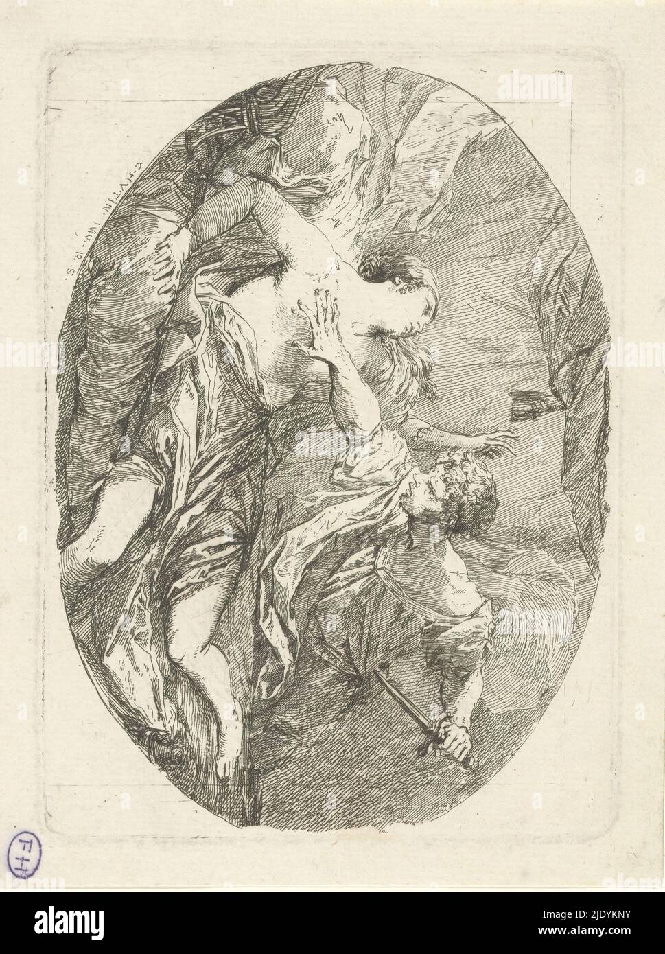 Tarquinius and Lucretia, Tarquinius overwhelms Lucretia lying half-naked on a bed, threatening with a dagger., print maker: Charles François Hutin, (mentioned on object), after own design by: Charles François Hutin, (mentioned on object), Europe, 1763 - 1766, paper, etching, height 123 mm × width 168 mm, height 143 mm × width 190 mm Stock Photo