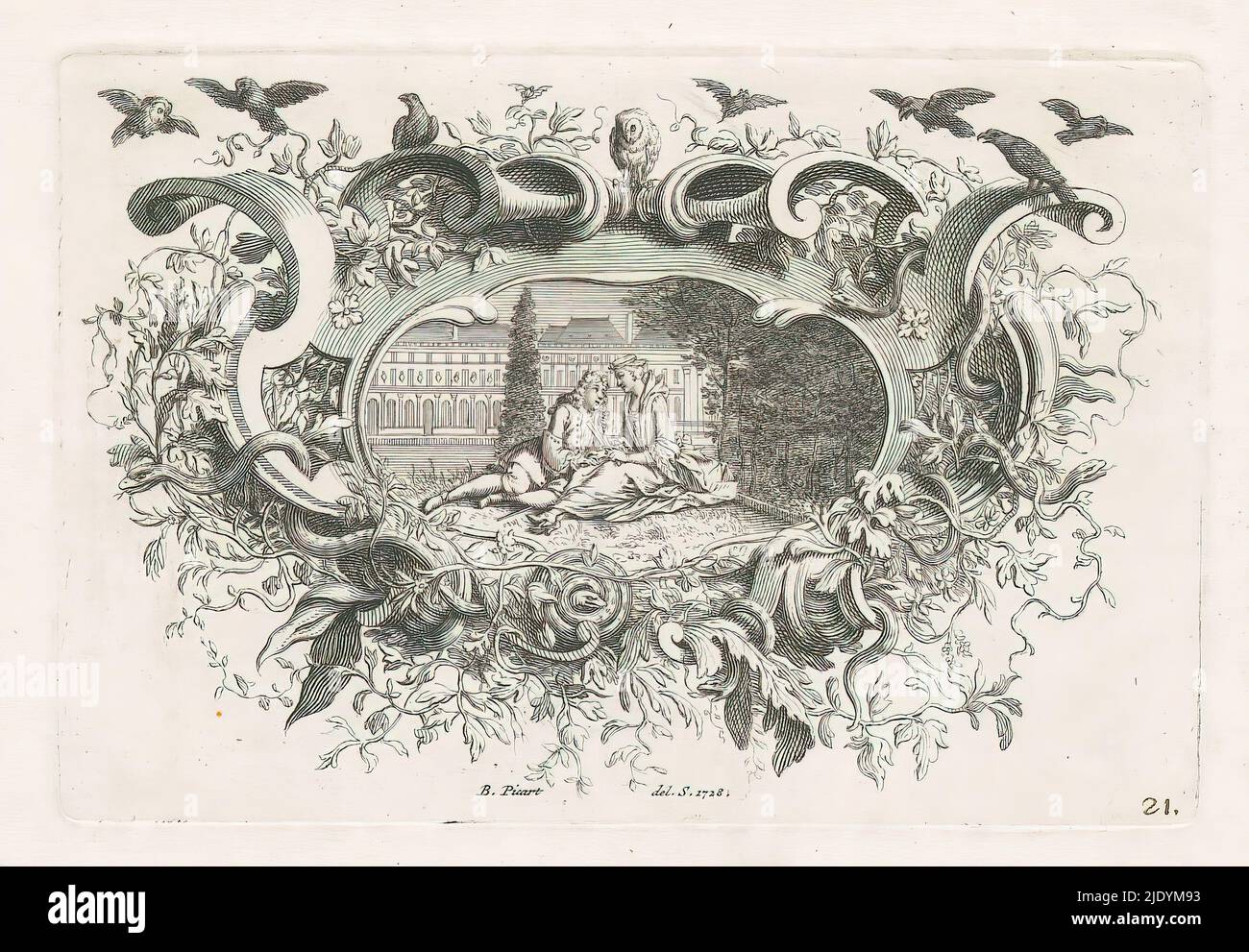 Love couple in garden, A couple in love is sitting together in a garden. In the background a palace. The scene is framed in an ornamental frame with birds at the top, including owls., print maker: Bernard Picart, (mentioned on object), after drawing by: Bernard Picart, (mentioned on object), Amsterdam, 1728, paper, etching, engraving, width 89 mm × height 132 mm Stock Photo