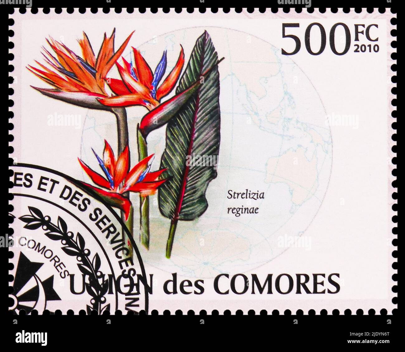 MOSCOW, RUSSIA - JUNE 17, 2022: Postage stamp printed in Comoros shows Strelizia reginae, Flora of the Indian Ocean Region serie, circa 2009 Stock Photo