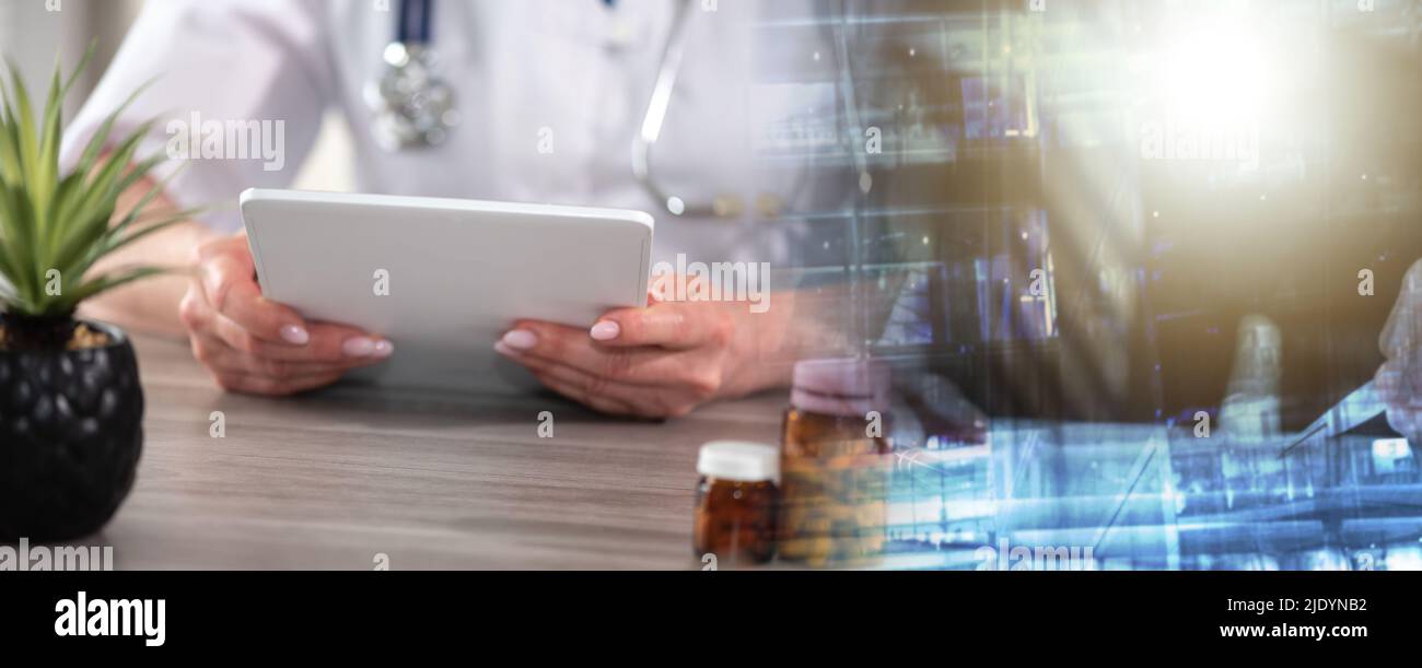 Female doctor using digital tablet at workplace; multiple exposure ...