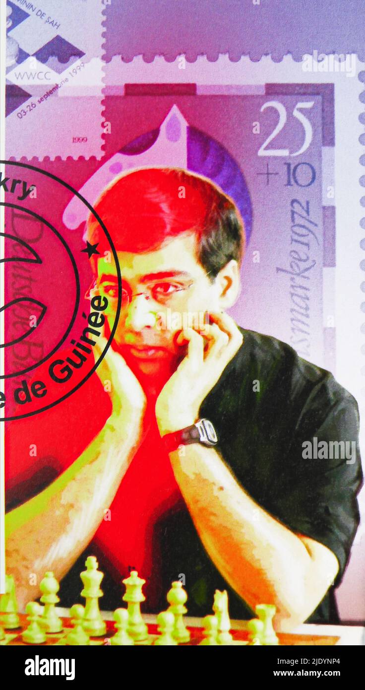 MOSCOW, RUSSIA - JUNE 17, 2022: Postage stamp printed in Guinea shows Viswanathan Anand, Chess on Stamps serie, circa 2009 Stock Photo