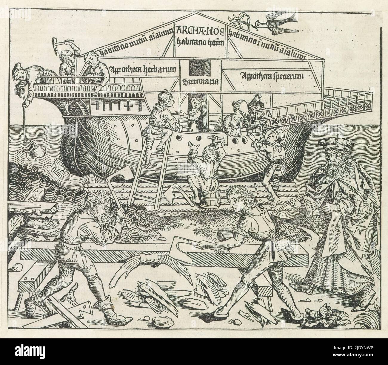 Construction of Noah's Ark, Liber Chronicarum (series title), Noah gives instructions on the construction of the Ark. Two men make the planks for the ark. Behind it, the Ark is as good as finished. Above the ark a dove with an olive branch. The print is part of an album., print maker: Michel Wolgemut, (workshop of), print maker: Wilhelm Pleydenwurff, (workshop of), Neurenberg, 1493, paper, letterpress printing, height 190 mm × width 223 mm Stock Photo