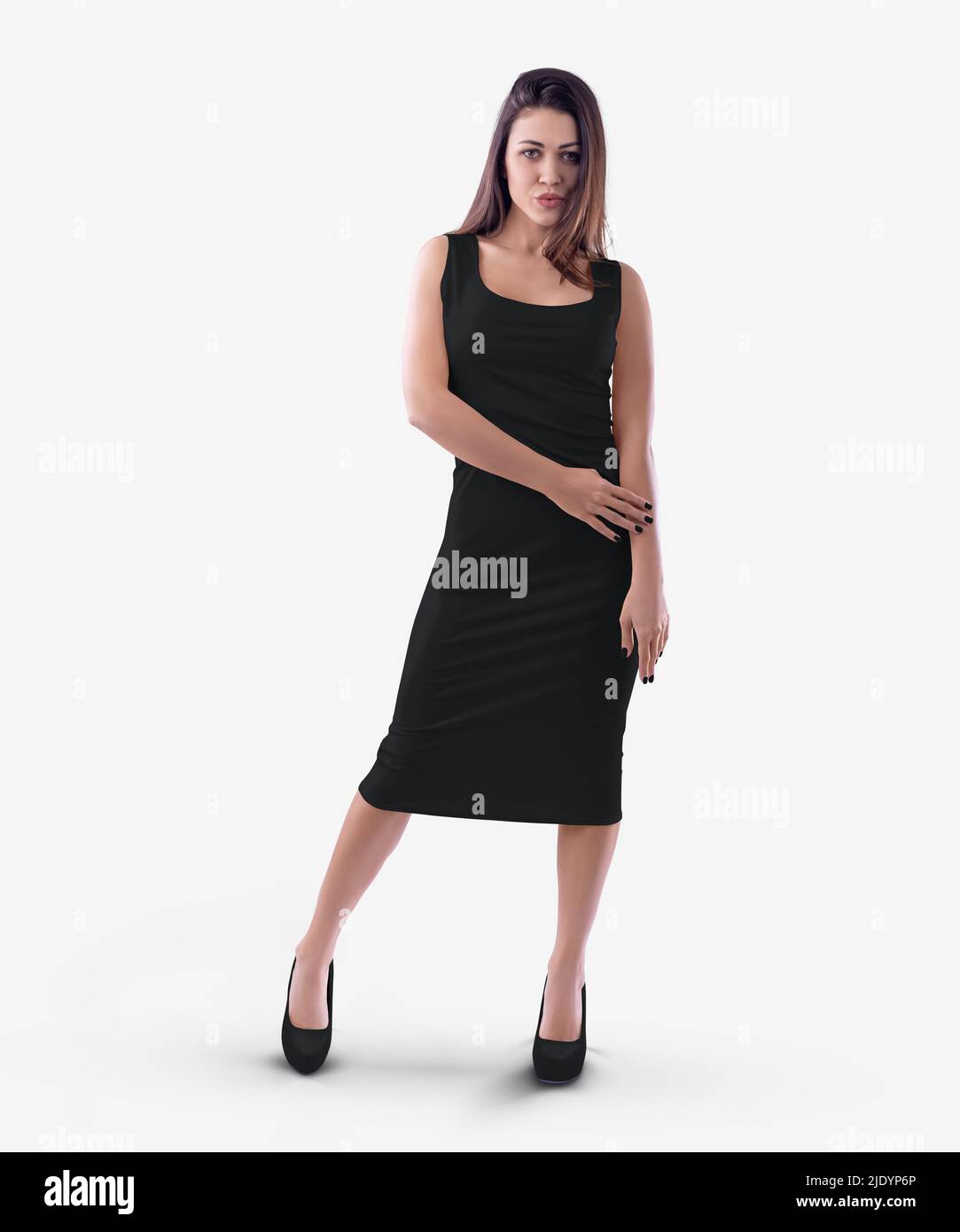 Mockup of a black tight knee-length dress on a beautiful girl, isolated on background, front view. Blank sleeveless sundress template, for design, pat Stock Photo