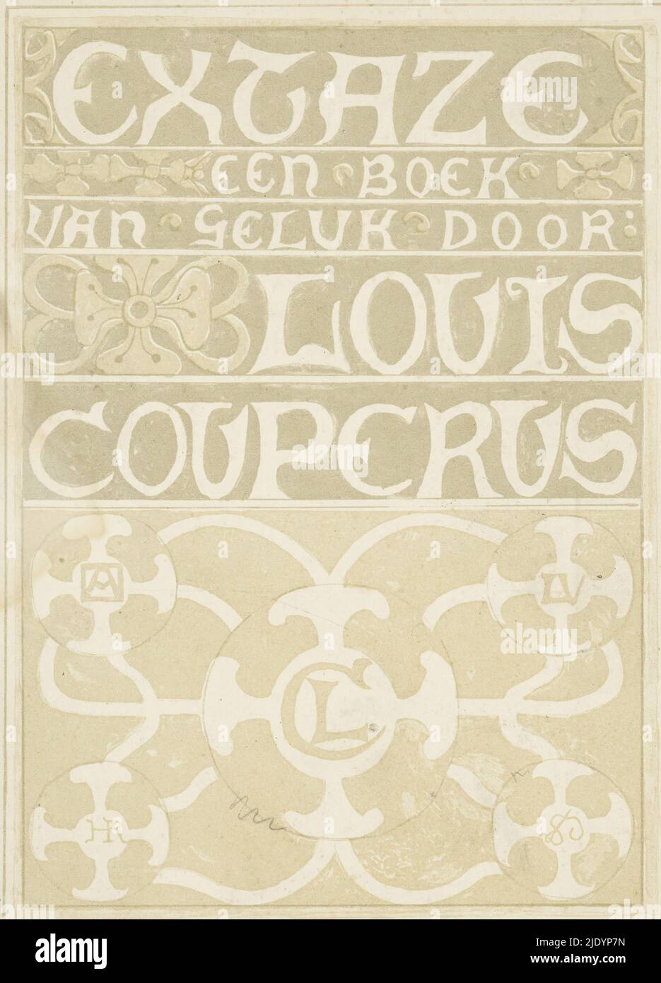 Band design for: Louis Couperus, Extaze: a book of happiness, 1894, Decorative lettering decorated with floral motifs. At bottom, four circles containing the monograms of Louis Couperus and Richard Roland Holst, among others., print maker: Richard Nicolaüs Roland Holst, (mentioned on object), in or before 1894, paper, height 210 mm × width 157 mm Stock Photo
