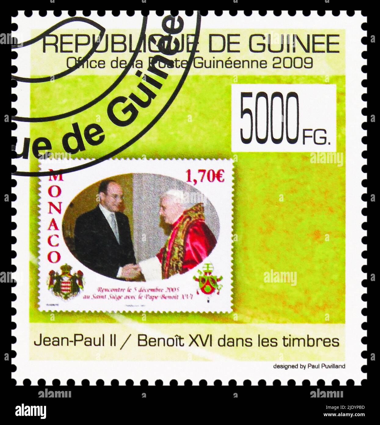 MOSCOW, RUSSIA - JUNE 17, 2022: Postage stamp printed in Guinea shows Monaco, Pope John Paul II, Pope Benedict XVI serie, circa 2009 Stock Photo