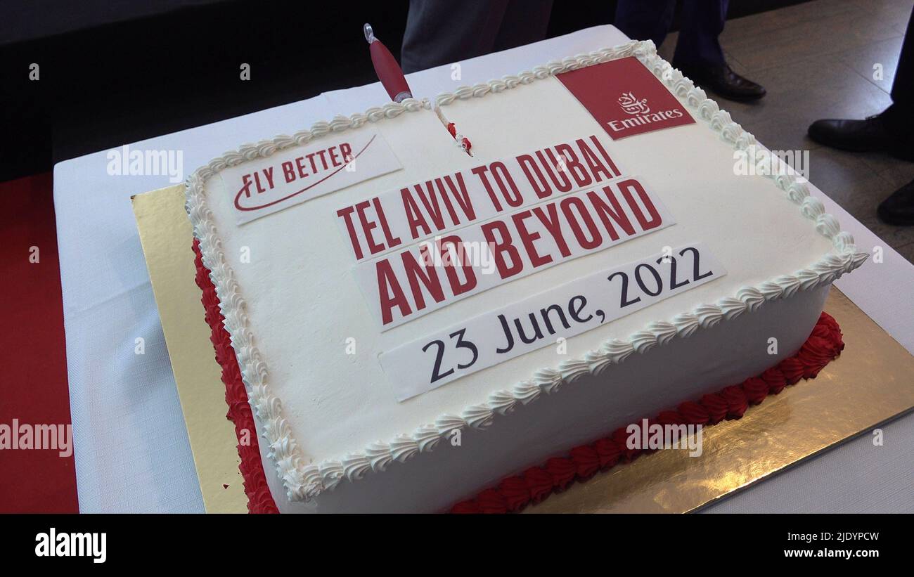 LOD, ISRAEL JUNE 23 A decorated cake for cutting ceremony during the