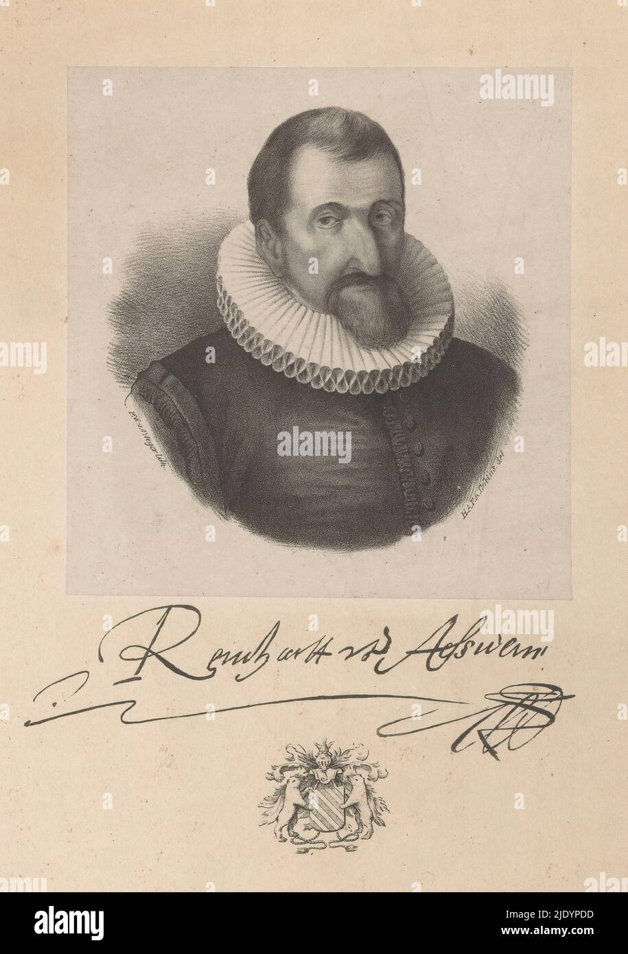 Portrait of Reinhardt van Aesswijn at age 80, Portrait of Reinhardt van Aesswijn. In the lower center margin his coat of arms. In the lower margin his signature., print maker: Hendrik Anthony Frederik Agathus Gobius, (mentioned on object), after design by: Hendrik Anthony Frederik Agathus Gobius, (mentioned on object), after painting by: anonymous, Utrecht, 1852, paper, height 247 mm × width 201 mm Stock Photo