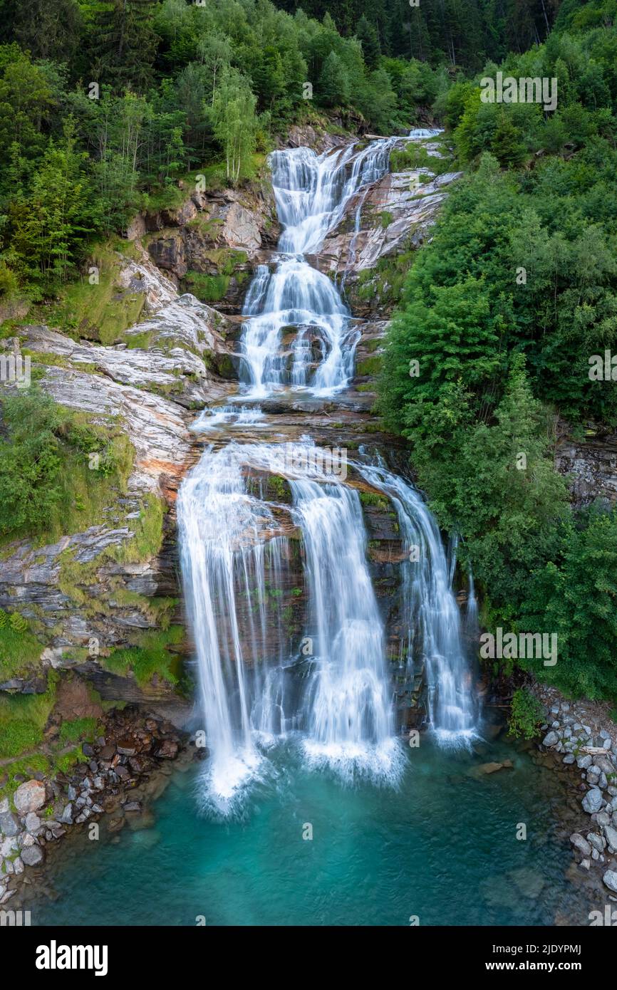 Aerial view of the Piumogna waterfall in Faido. Faido, district of Leventina, Canton of Ticino, Switzerland. Stock Photo