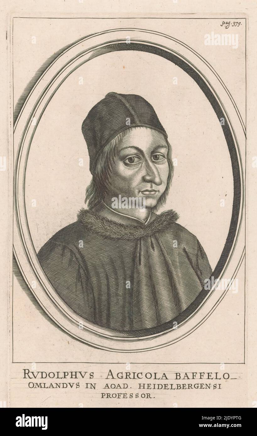 Portrait of Rudolf Agricola, Portrait of Rudolf Agricola in an oval frame. In the lower margin his name and two lines of Latin text. Top right: page 379., print maker: anonymous, 1600 - 1699, paper, engraving, height 294 mm × width 186 mm Stock Photo