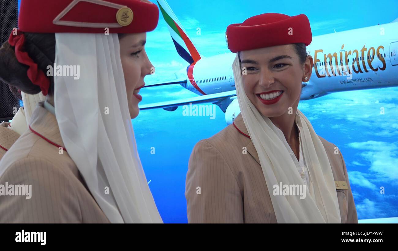 LOD, ISRAEL - JUNE 23: Flight attendants of Dubai's flagship airline Emirates chat soon after arriving to Ben Gurion airport marking the start of daily service between Israel and the UAE on June 23, 2022 in Lod, Israel. The United Arab Emirates, was in 2020 among the first Arab states in decades to normalize relations with Israel as part of the so-called Abraham Accords. Credit: Eddie Gerald/Alamy Live News Stock Photo