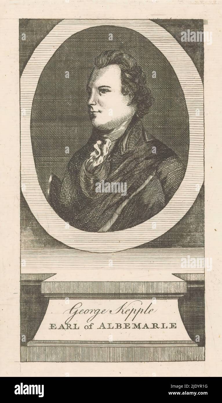 Portrait of George Keppel, Earl of Albemarle, Portrait of George Keppel in an oval frame. In a frame his name and title., print maker: anonymous, 1750 - 1849, paper, engraving, height 204 mm × width 109 mm Stock Photo
