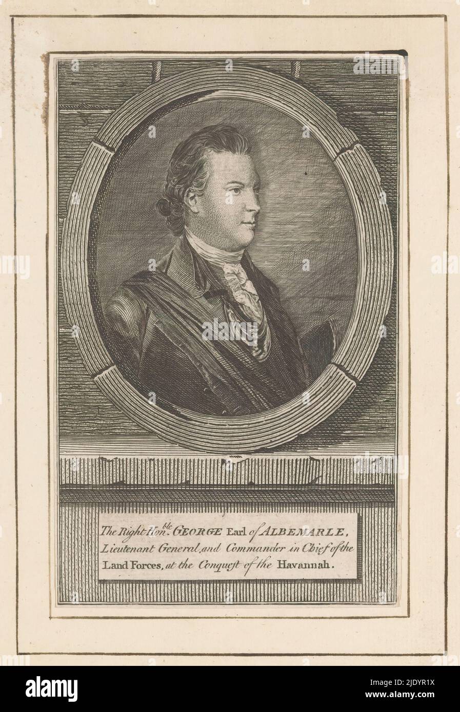 Portrait of George Keppel, Earl of Albemarle, Portrait of George Keppel in an oval frame. In a frame his name and titles., print maker: anonymous, 1762 - 1849, paper, engraving, height 172 mm × width 107 mm Stock Photo