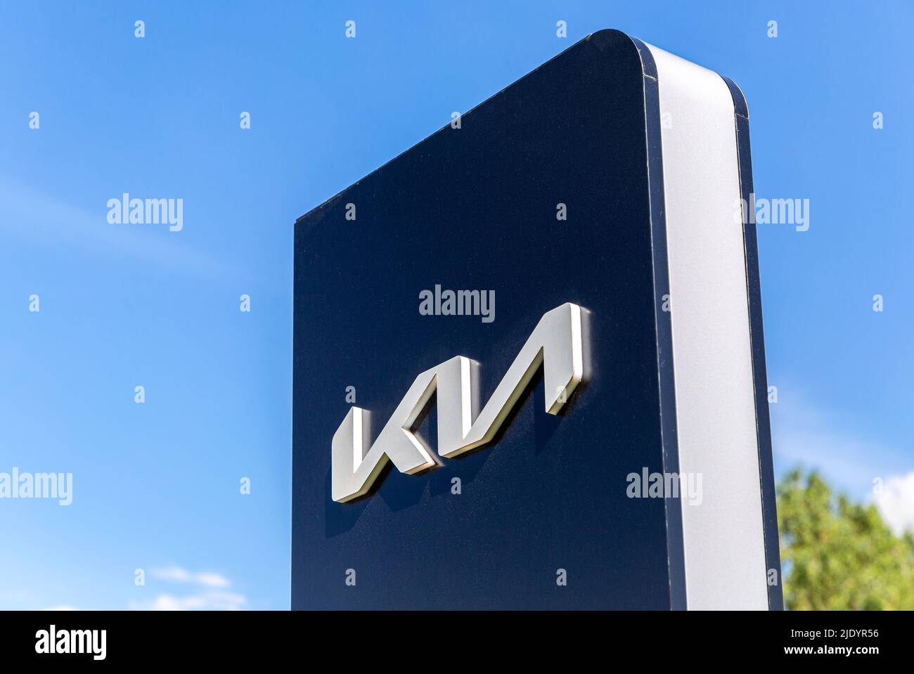 Samara, Russia - June 18, 2022: KIA Motors dealership logo. Kia Motors is South Korea's automobile manufacturer Stock Photo