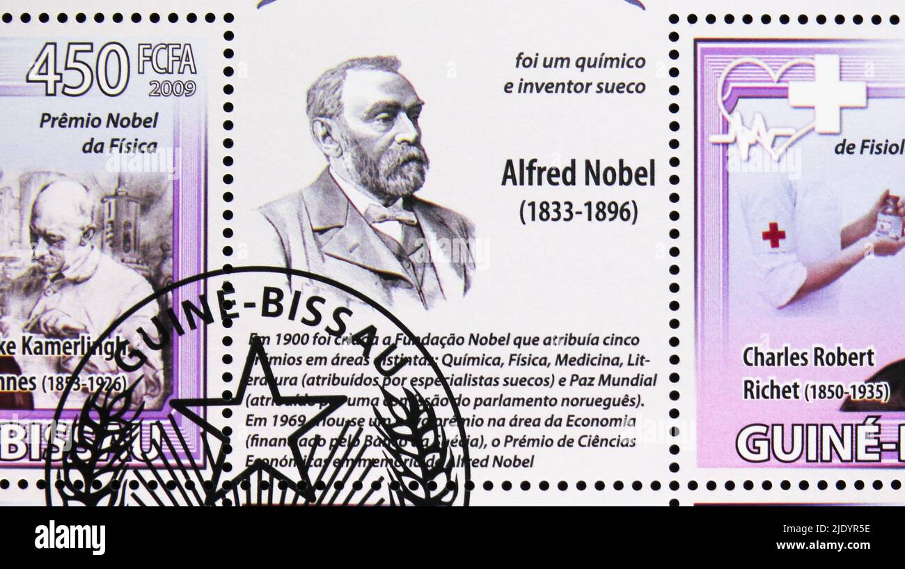MOSCOW, RUSSIA - JUNE 17, 2022: Postage stamp printed in Guinea-Bissau shows Alfred Nobel, Nobel Prize serie, circa 2009 Stock Photo