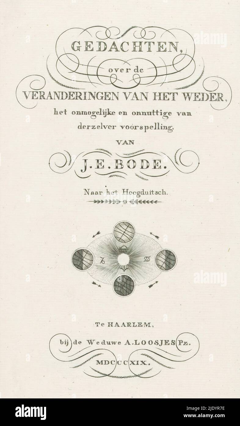 Earth relative to the sun, Title page for: J.E. Bode, Thoughts on the Changes of the Weather, 1819, Four positions of the earth relative to the sun. Accompanying these are four signs of the zodiac., print maker: anonymous, publisher: weduwe Adriaan Pietersz. Loosjes, (mentioned on object), Haarlem, 1819, paper, engraving, height 225 mm × width 135 mm Stock Photo