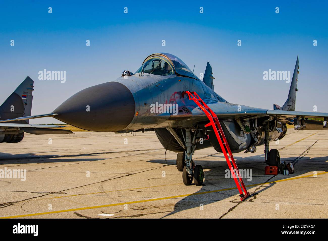 Belgrade, Serbia - September 2, 2012: Russian Mig-29 jet fighter aircraft of Serbian Airforce. This multi role fighter aircraft was introduced at July Stock Photo