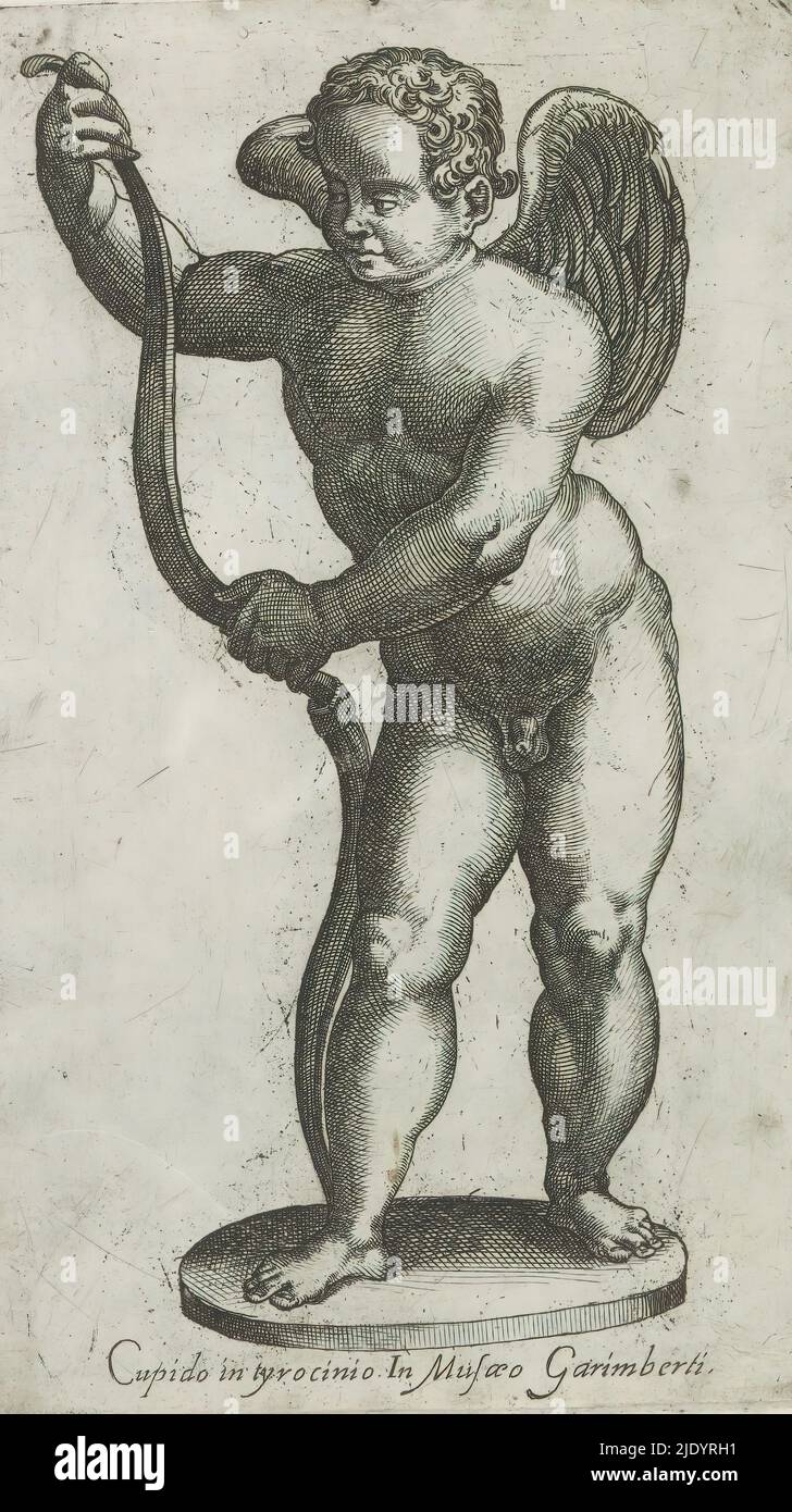 Sculpture of Amor, Sculptures of antiquity (series title), Caption in Latin. Print is part of an album., print maker: anonymous, Italy, 1600 - 1699, paper, etching, engraving, height 225 mm × width 135 mm Stock Photo