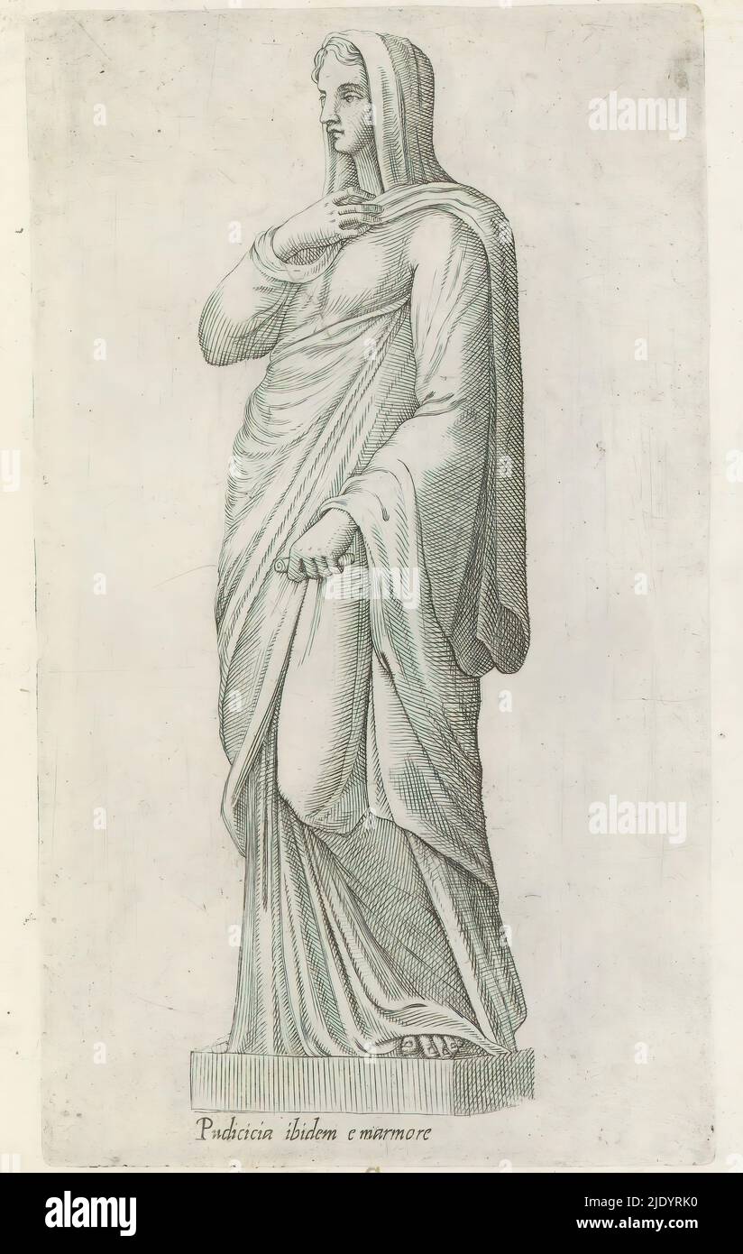 Sculpture of Pudicitia, Sculptures of Antiquity (series title), Caption in Latin. Print is part of an album., print maker: anonymous, Italy, 1600 - 1699, paper, engraving, height 219 mm × width 127 mm Stock Photo