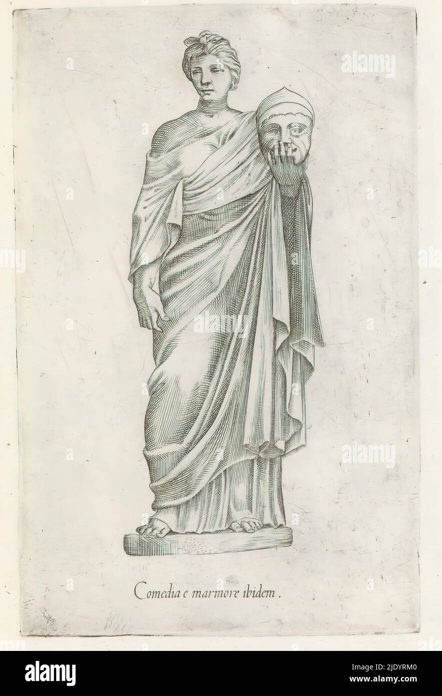 Sculpture of Comedia, Sculptures of Antiquity (series title), Caption in Latin. Print is part of an album., print maker: anonymous, Italy, 1600 - 1699, paper, engraving, height 204 mm × width 129 mm Stock Photo