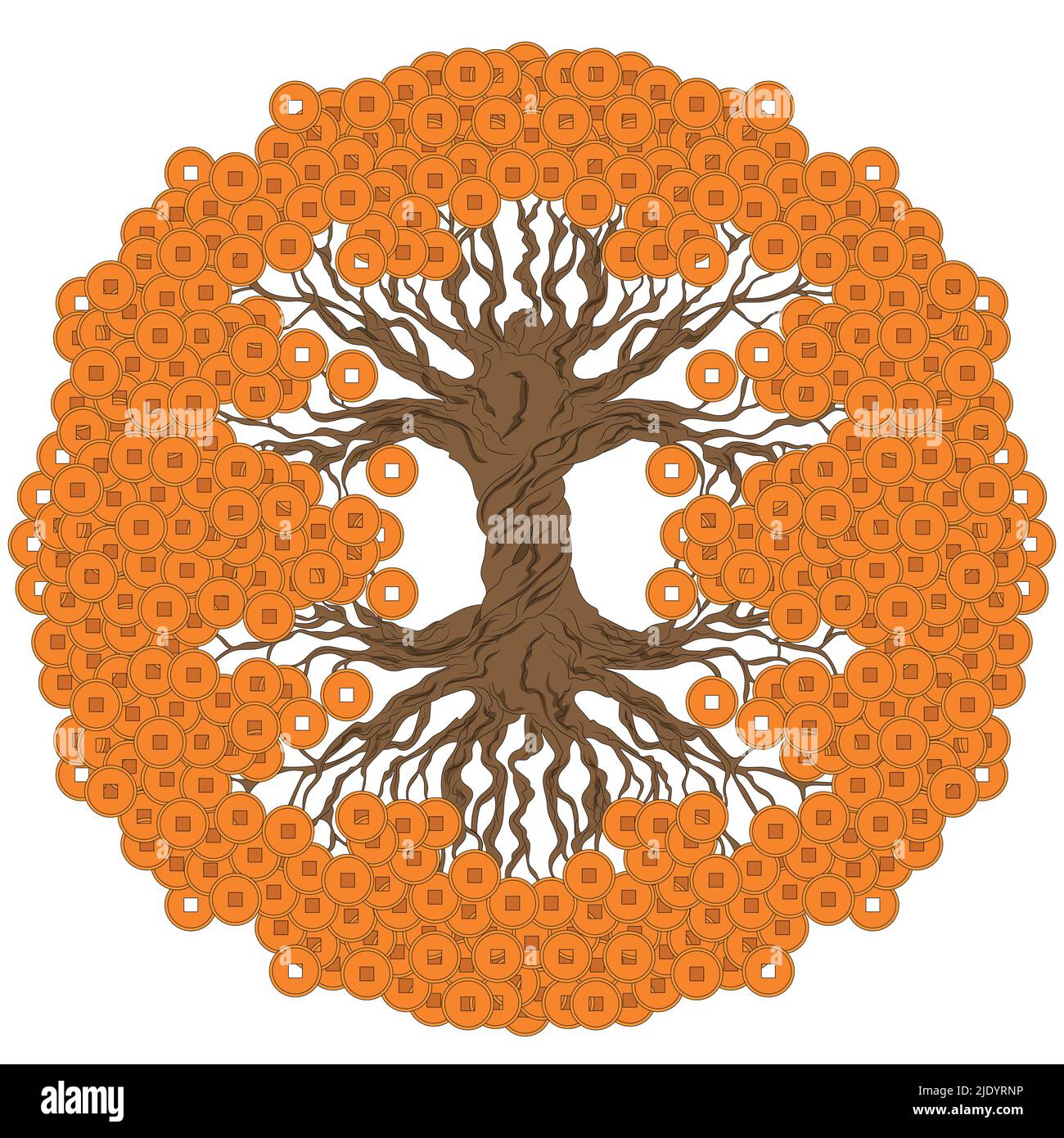 Money tree with Chinese coins. A traditional feng shui symbol for attracting wealth and prosperity. Color illustration. Stock Vector