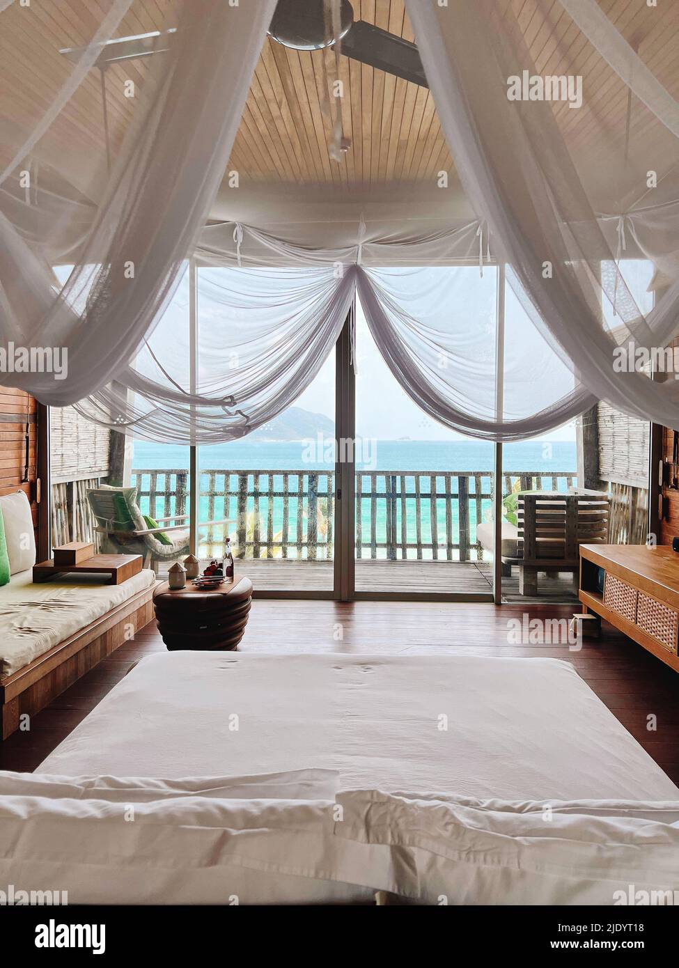Interior design decor furnishing of luxury show home holiday villa bedroom Stock Photo