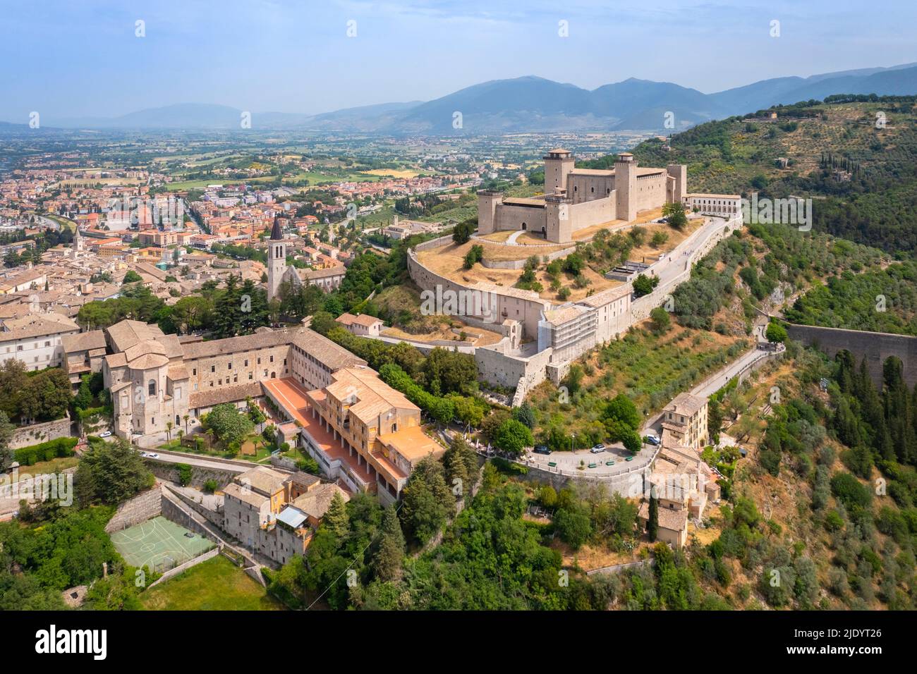Aerial view of the Rocca Albornoziana fortress and the aqueduct of Spoleto. Spoleto, Perugia district, Umbria, Italy, Europe. Stock Photo