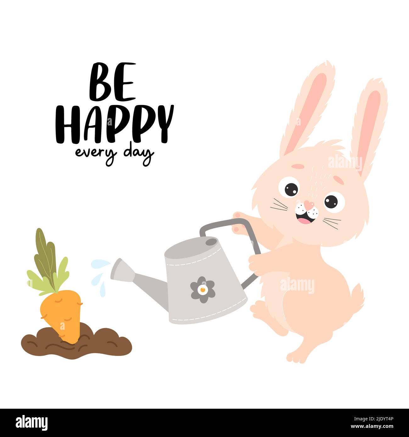 Cute rabbit waters carrots from watering can in garden bed. Positive poster Be happy every day. Vector illustration for kids collection, postcards, de Stock Vector