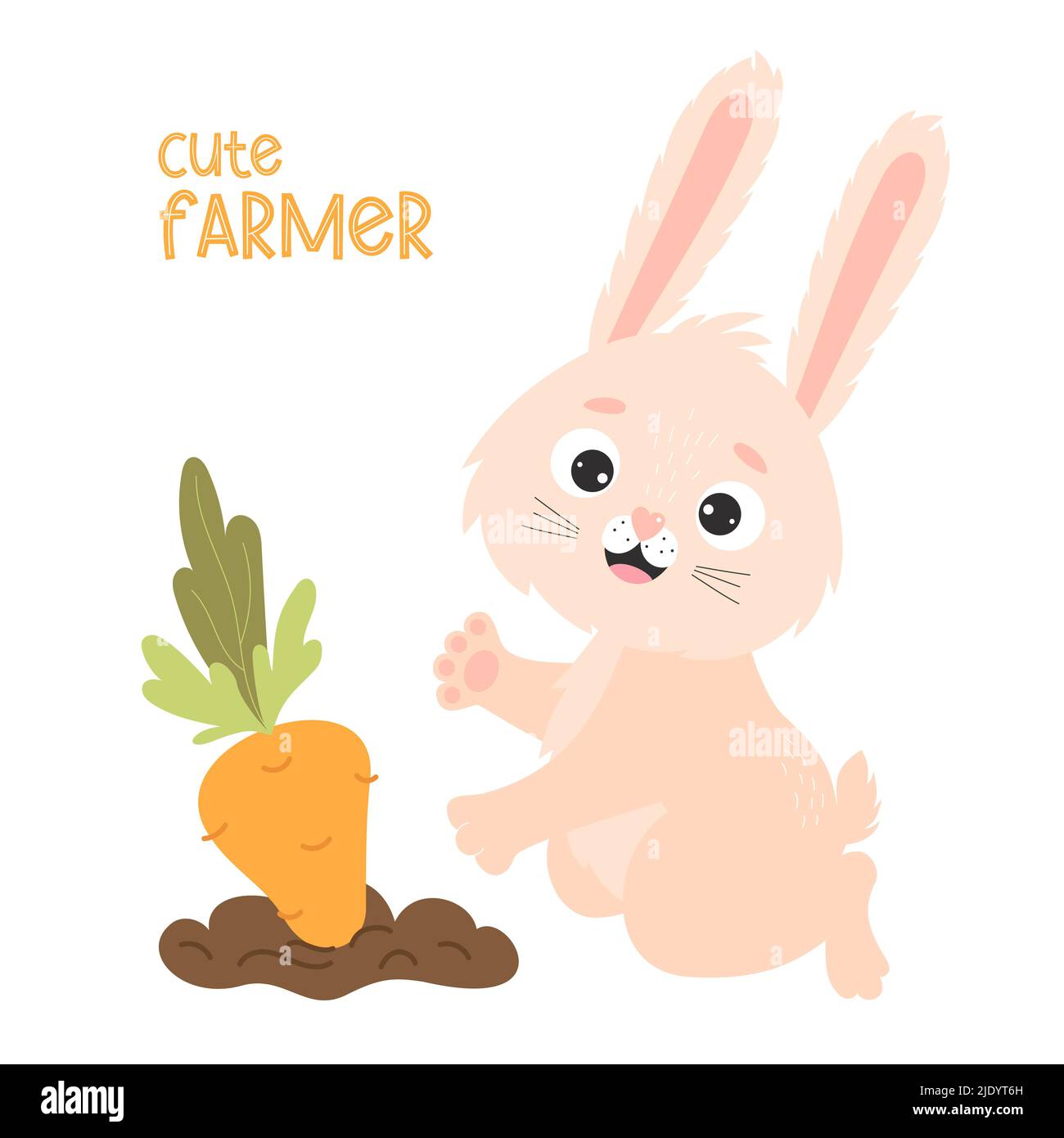 Cute farmer. Happy rabbit in garden bed with carrots. Harvesting, funny farmer. Vector illustration for kids collection, postcards, design and decorat Stock Vector