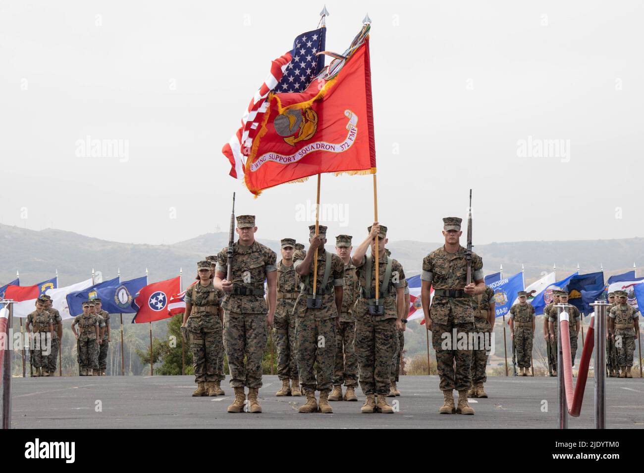 Camp Pendleton, California, USA. 25th May, 2022. U.S. Marines with Marine Wing Support Squadron 372, Marine Aircraft Group 39, 3rd Marine Aircraft Wing, carry the colors during a change of command ceremony where Lt. Col. Richard Marshall, the outgoing commanding officer of MWSS-372, transferred command of the squadron to Lt. Col. Kristofer Skidmore, on Marine Corps Base Camp Pendleton, California, May 25, 2022. Marshall is a native of Cleveland, and Skidmore is a native of Lake Ridge, Virginia. Credit: U.S. Marines/ZUMA Press Wire Service/ZUMAPRESS.com/Alamy Live News Stock Photo