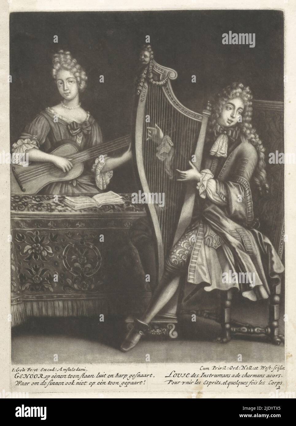 The Hearing, Hearing / Louie (title on object), The Five Senses, represented by elegant pairs of ladies and gentlemen (series title), A musician couple, fashionably dressed. The young man plays the harp and the woman the guitar. On the table is a music book. The print is part of a series featuring the five senses., print maker: Jacob Gole, (mentioned on object), publisher: Jacob Gole, (mentioned on object), Staten van Holland en West-Friesland, (mentioned on object), Amsterdam, 1700 - 1724, paper, engraving, height 251 mm × width 180 mm Stock Photo