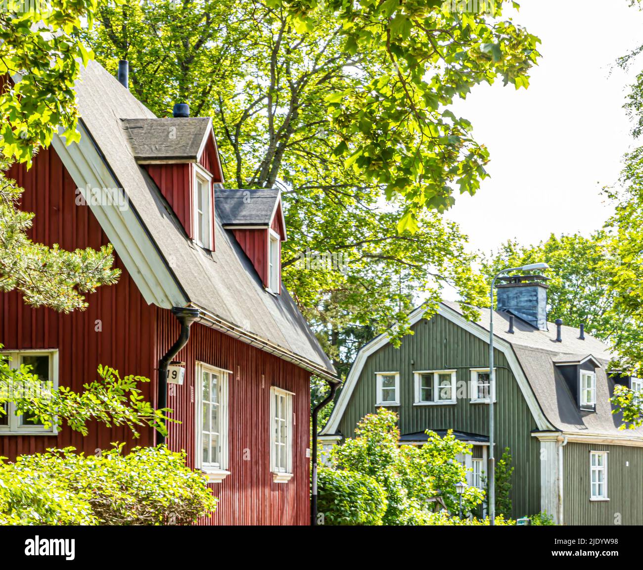Wooden buildings in Helsinki, Finland on a summer day. Stock Photo