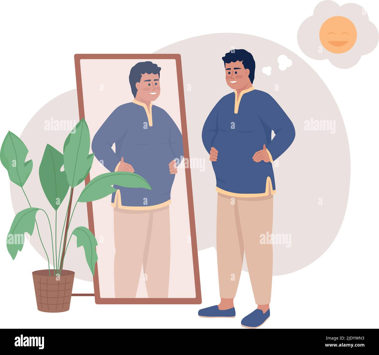 Happy man with overweight near mirror 2D vector isolated illustration Stock Vector