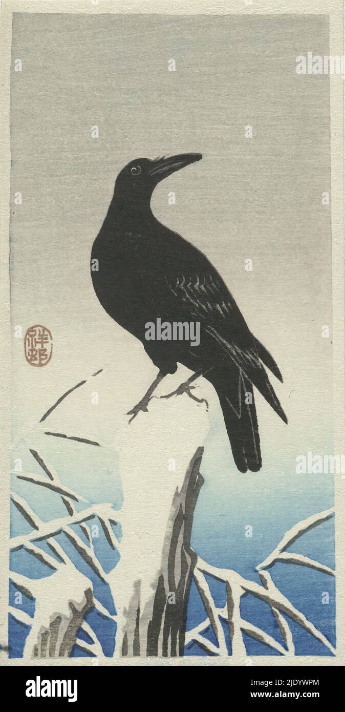 Crow on snowy pole, Crow, to right, on snowy pole, near reeds., print maker: Ohara Koson, (mentioned on object), print maker: anonymous, publisher: Watanabe Shôzaburô, print maker: Japan, print maker: Tokyo, publisher: Tokyo, 1925 - 1936, paper, color woodcut, height 126 mm × width 64 mm Stock Photo